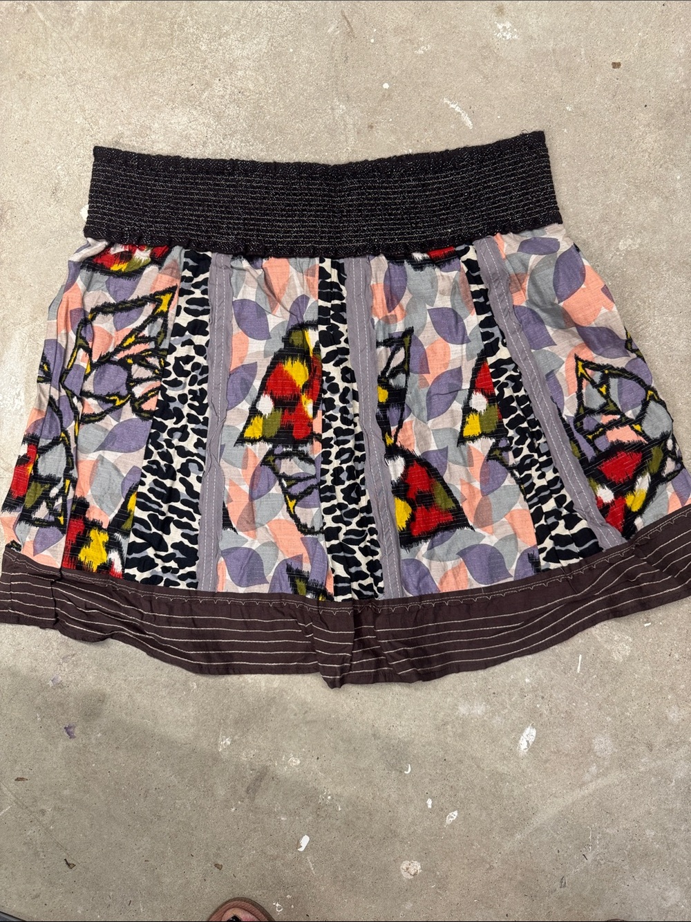 Vintage Free People Patchwork Circle Mini Skirt in Black, Red, Yellow & Lavender